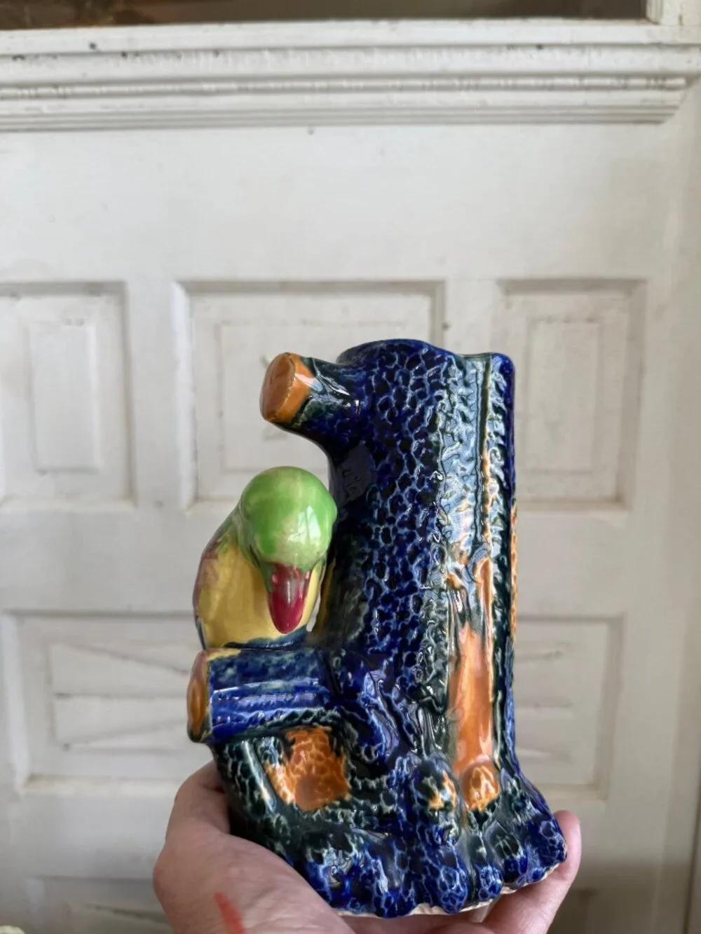 Vintage 50's Japan Blue Tree Stump Vase King Fisher Bird Vase Whimsical